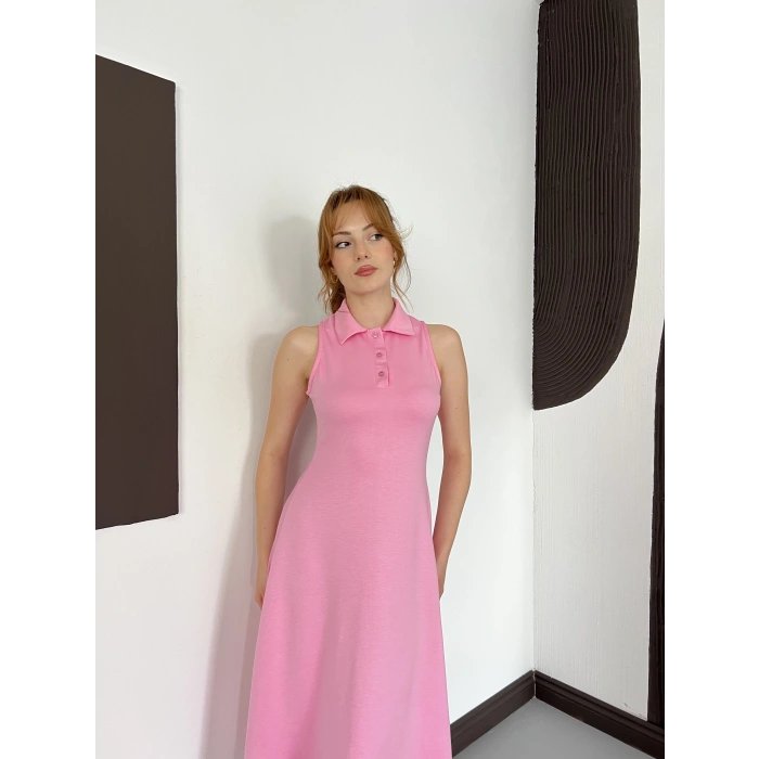 Yaka Detay Sıfır Kol Midi Elbise Pembe