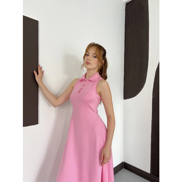 Yaka Detay Sıfır Kol Midi Elbise Pembe