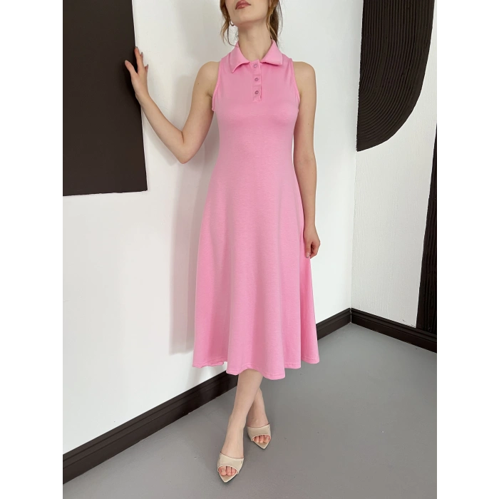 Yaka Detay Sıfır Kol Midi Elbise Pembe