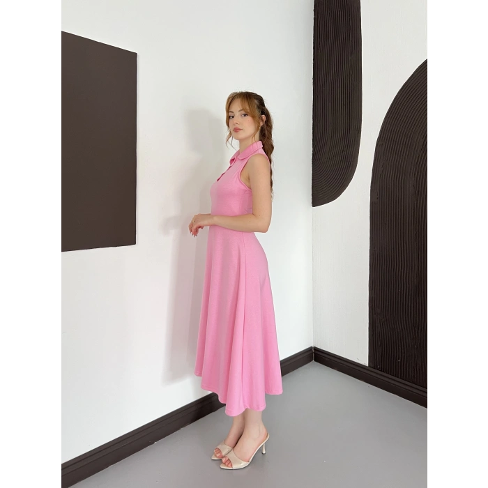 Yaka Detay Sıfır Kol Midi Elbise Pembe