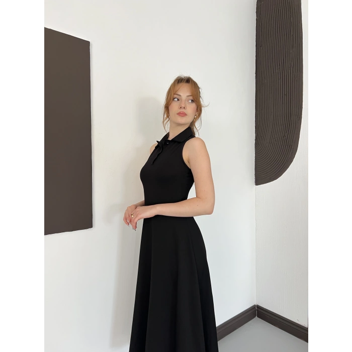 Yaka Detay Sıfır Kol Midi Elbise Siyah