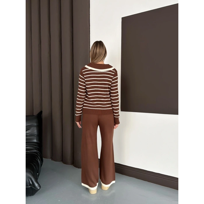 Yaka Detaylı Çizgili İkili Linda Triko Takım Kahve