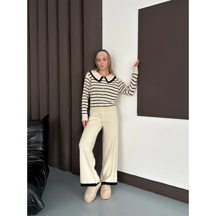 Yaka Detaylı Çizgili İkili Linda Triko Takım Krem