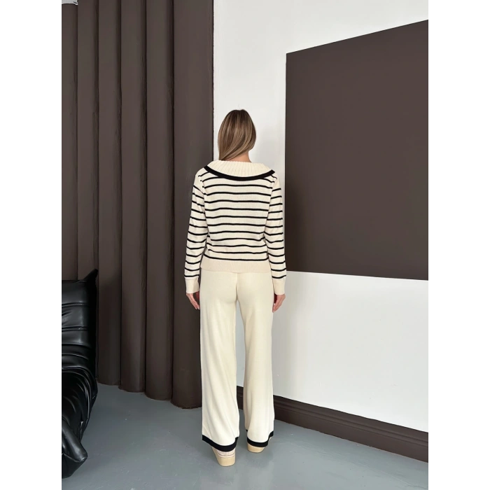 Yaka Detaylı Çizgili İkili Linda Triko Takım Krem