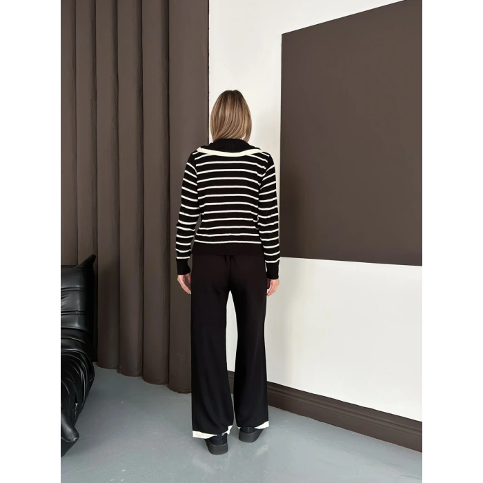 Yaka Detaylı Çizgili İkili Linda Triko Takım Siyah