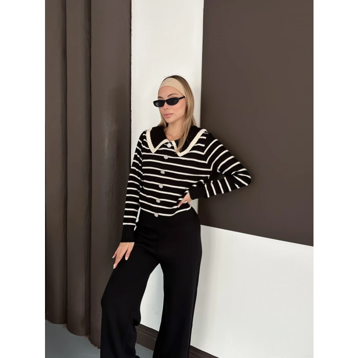 Yaka Detaylı Çizgili İkili Linda Triko Takım Siyah
