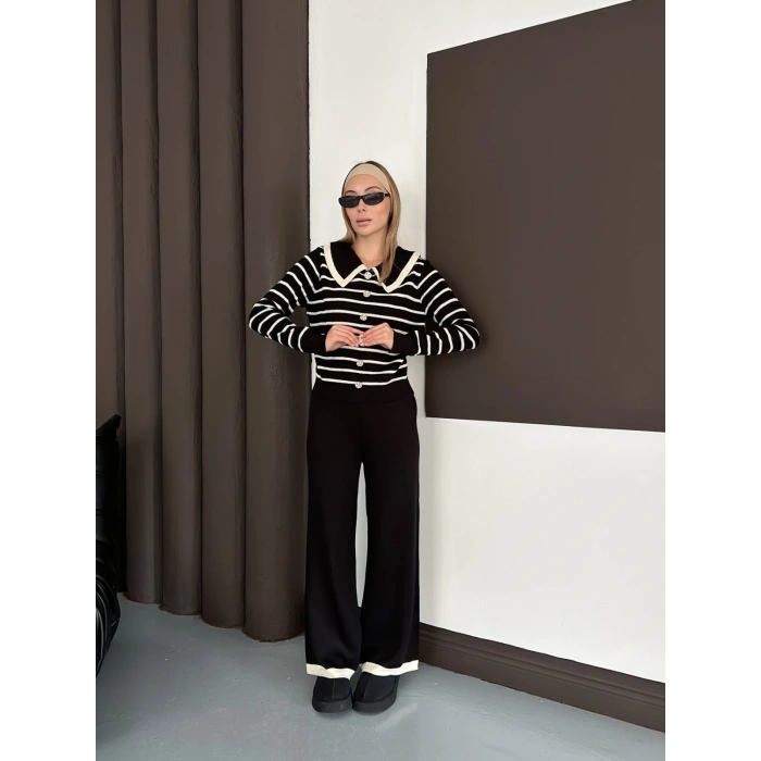 Yaka Detaylı Çizgili İkili Linda Triko Takım Siyah