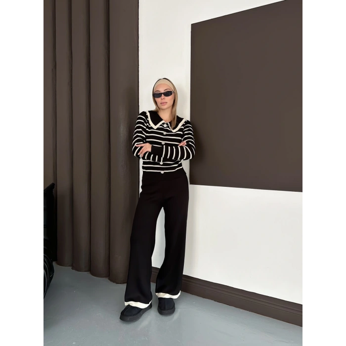 Yaka Detaylı Çizgili İkili Linda Triko Takım Siyah