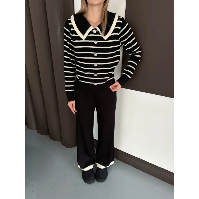 Yaka Detaylı Çizgili İkili Linda Triko Takım Siyah