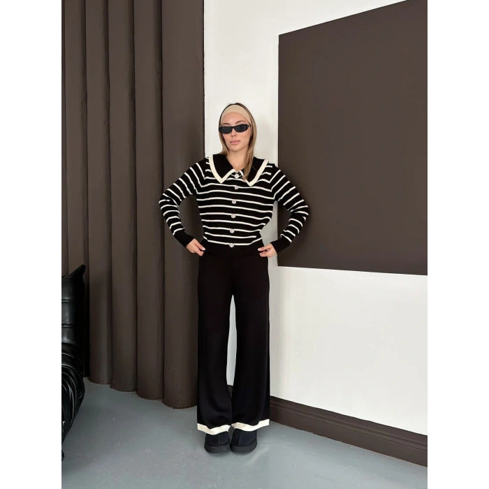 Yaka Detaylı Çizgili İkili Linda Triko Takım Siyah