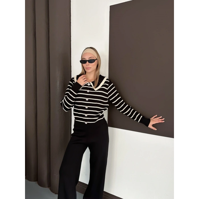 Yaka Detaylı Çizgili İkili Linda Triko Takım Siyah