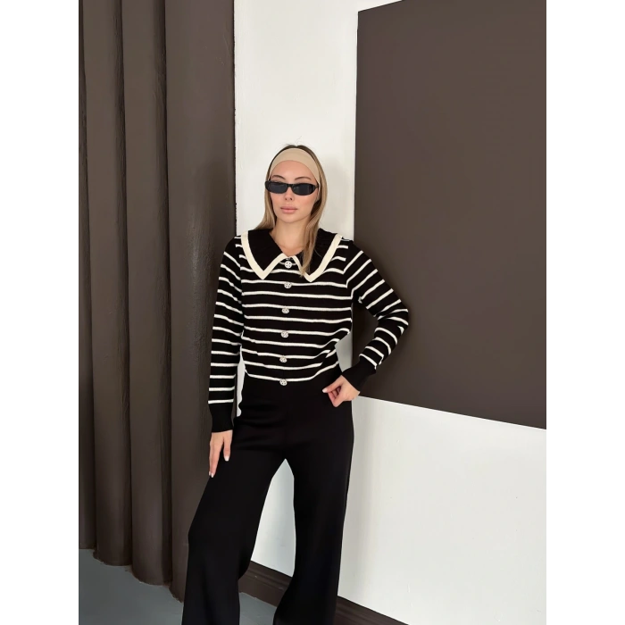 Yaka Detaylı Çizgili İkili Linda Triko Takım Siyah