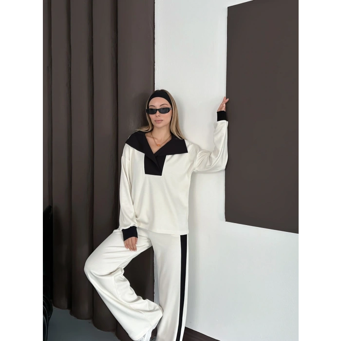 Yaka Detaylı Modal Lüx Kalite Takım Beyaz