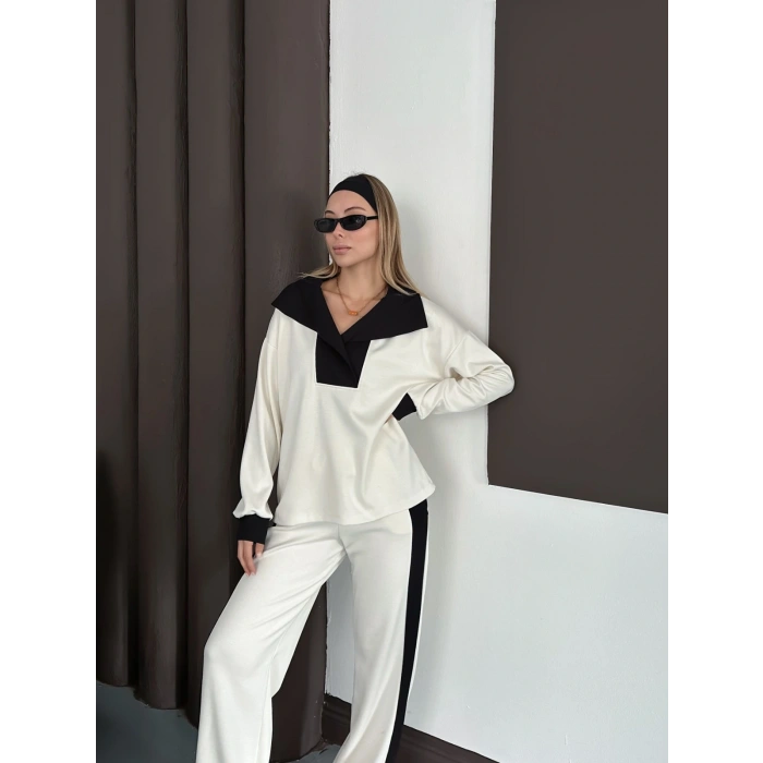 Yaka Detaylı Modal Lüx Kalite Takım Beyaz