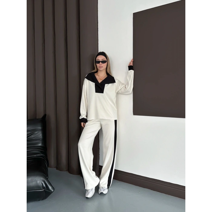 Yaka Detaylı Modal Lüx Kalite Takım Beyaz