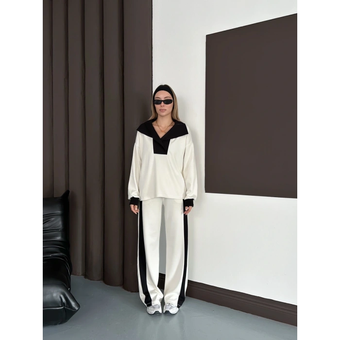 Yaka Detaylı Modal Lüx Kalite Takım Beyaz