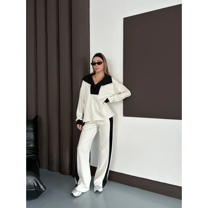 Yaka Detaylı Modal Lüx Kalite Takım Beyaz
