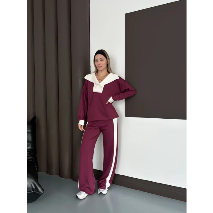 Yaka Detaylı Modal Lüx Kalite Takım Mürdüm