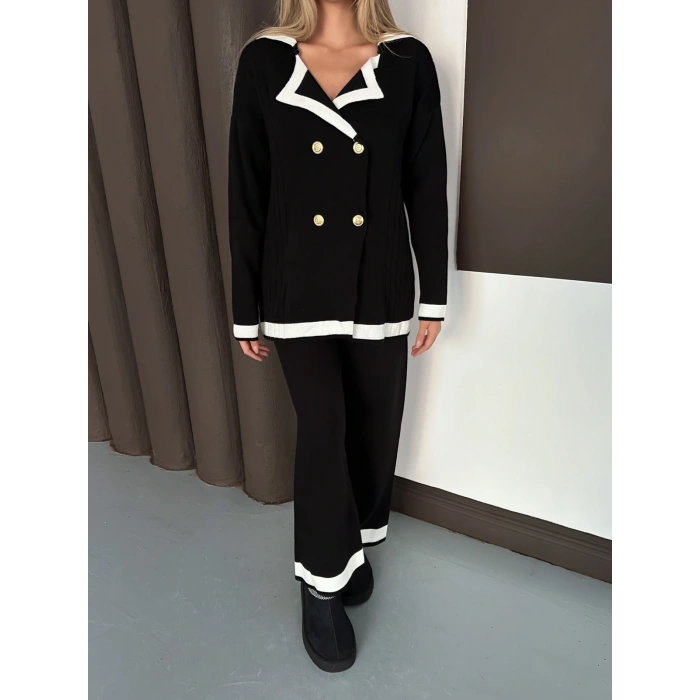 Yaka Detaylı Triko Takım Siyah