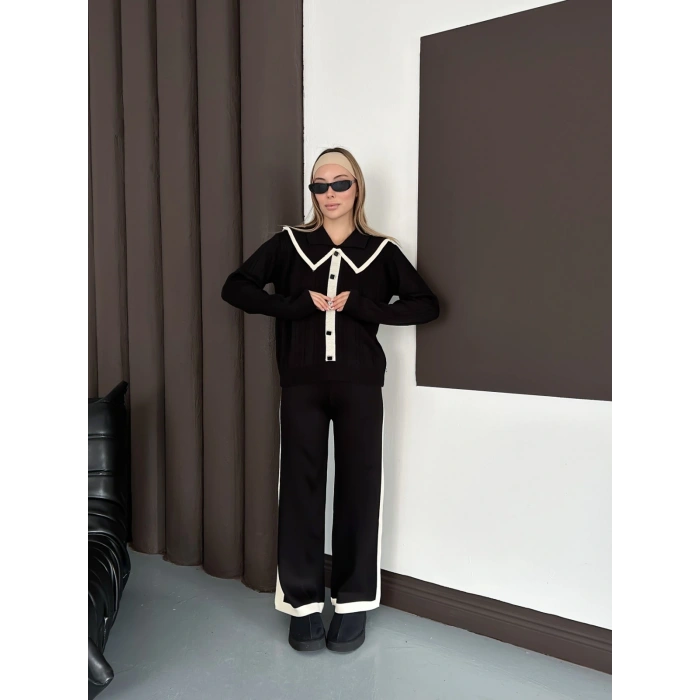 Yaka Detaylı Yan Şeritli Triko Takım Siyah