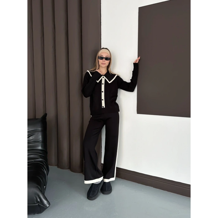 Yaka Detaylı Yan Şeritli Triko Takım Siyah