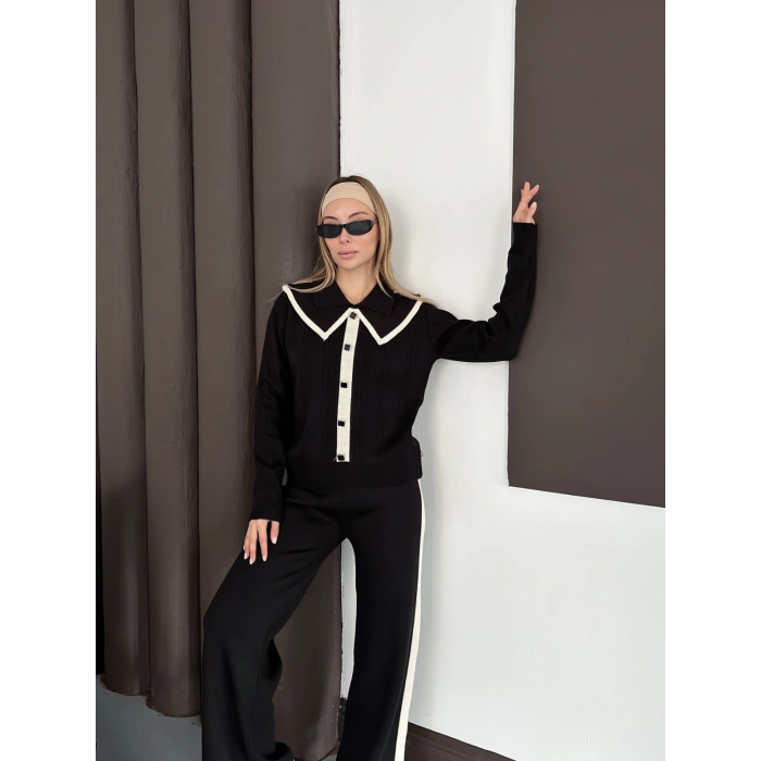 Yaka Detaylı Yan Şeritli Triko Takım Siyah