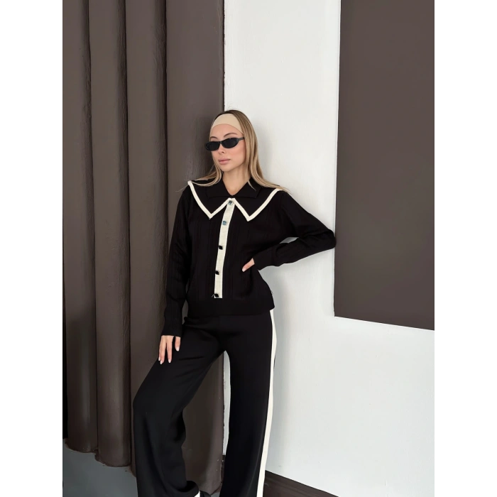 Yaka Detaylı Yan Şeritli Triko Takım Siyah