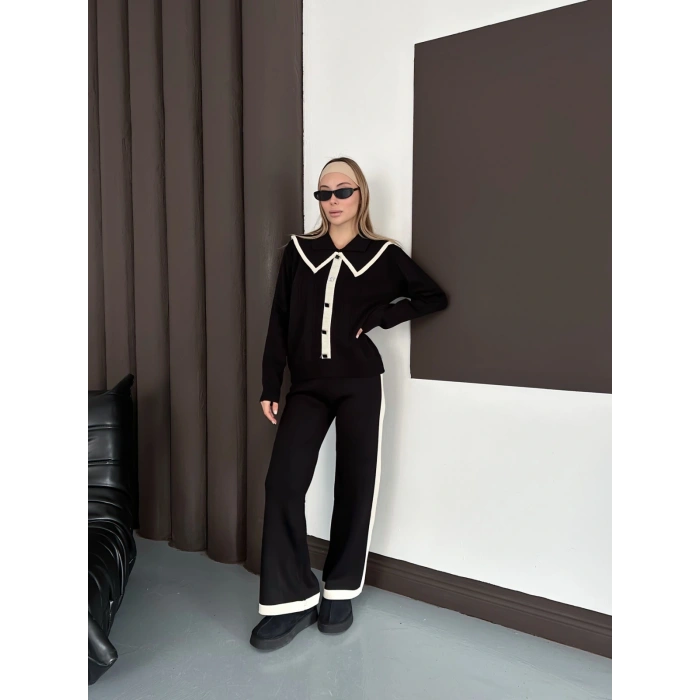 Yaka Detaylı Yan Şeritli Triko Takım Siyah