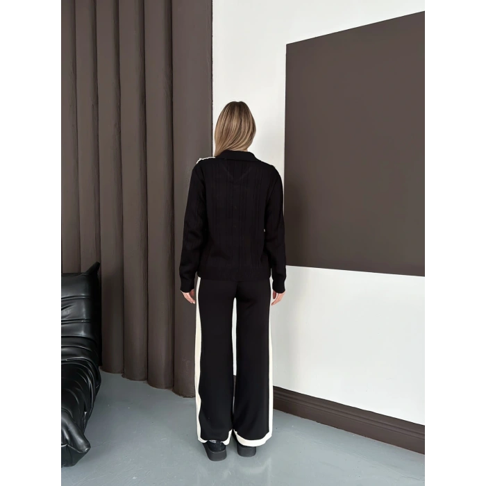Yaka Detaylı Yan Şeritli Triko Takım Siyah