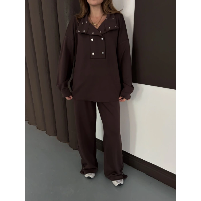 Yaka Düğme Detaylı Rahat Kesim Takım Acı Kahve