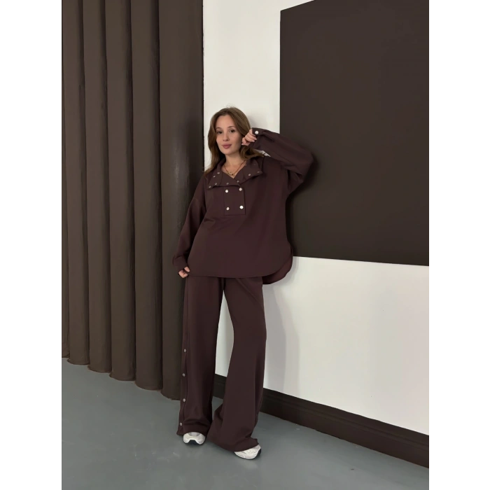 Yaka Düğme Detaylı Rahat Kesim Takım Acı Kahve