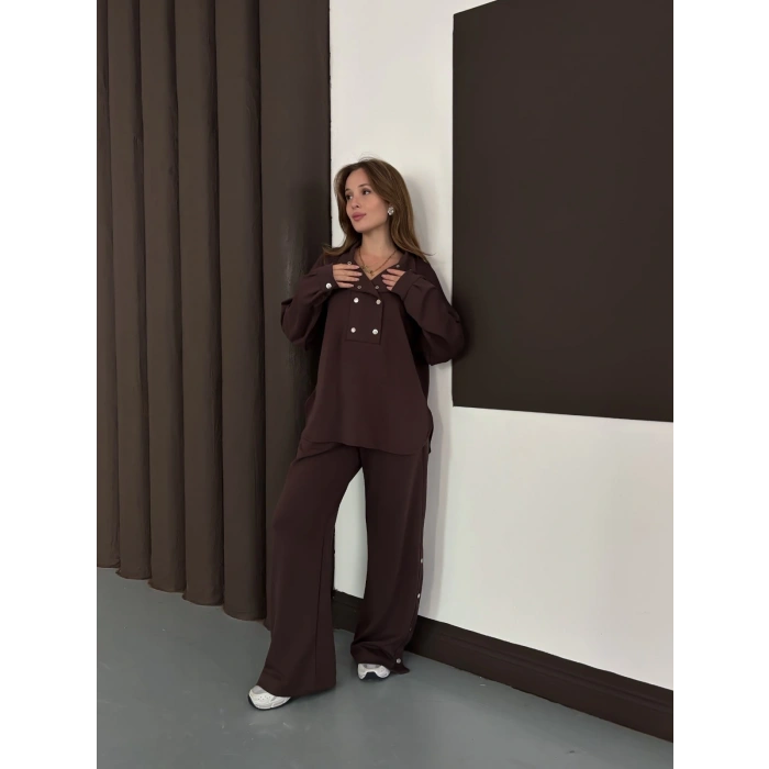 Yaka Düğme Detaylı Rahat Kesim Takım Acı Kahve