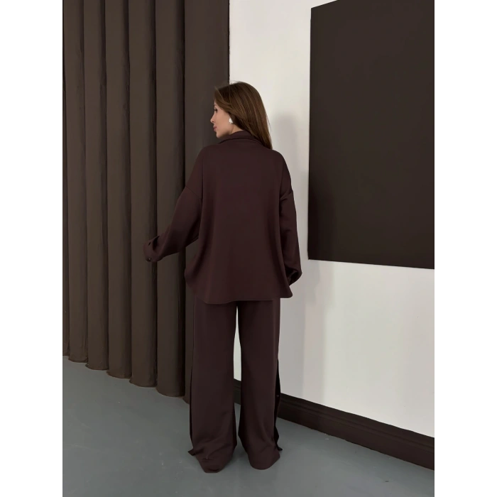 Yaka Düğme Detaylı Rahat Kesim Takım Acı Kahve