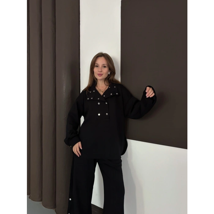 Yaka Düğme Detaylı Rahat Kesim Takım Siyah