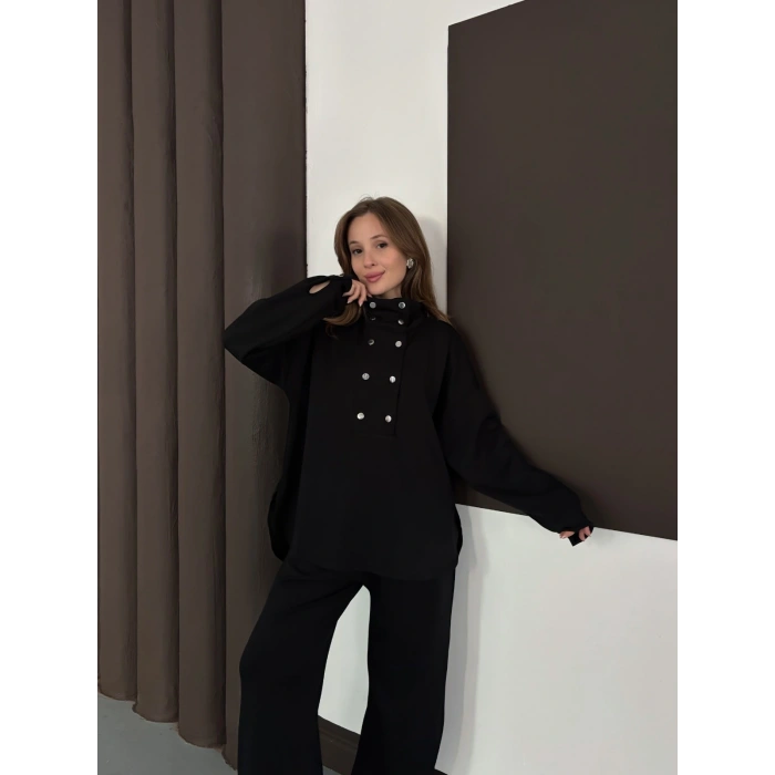 Yaka Düğme Detaylı Rahat Kesim Takım Siyah