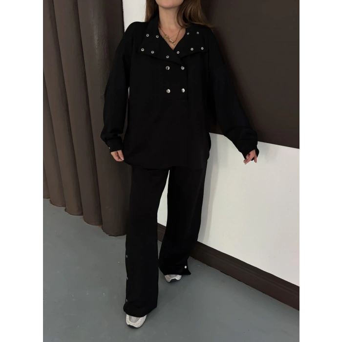 Yaka Düğme Detaylı Rahat Kesim Takım Siyah