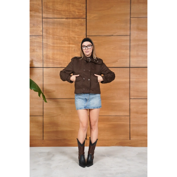 Yaka Kemer Detaylı Nubuk Ceket Kahve