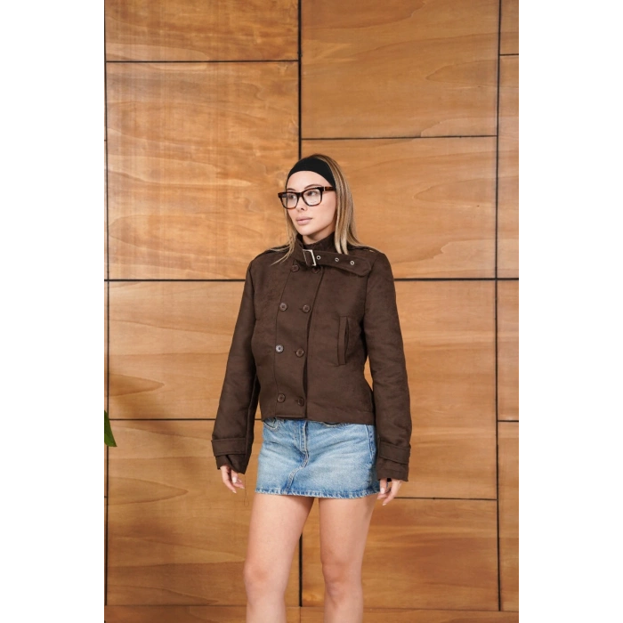 Yaka Kemer Detaylı Nubuk Ceket Kahve