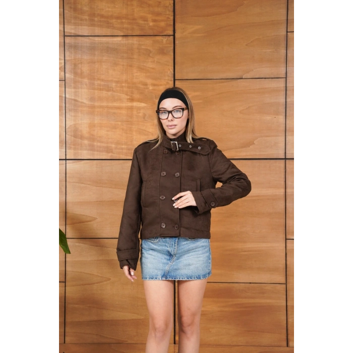 Yaka Kemer Detaylı Nubuk Ceket Kahve