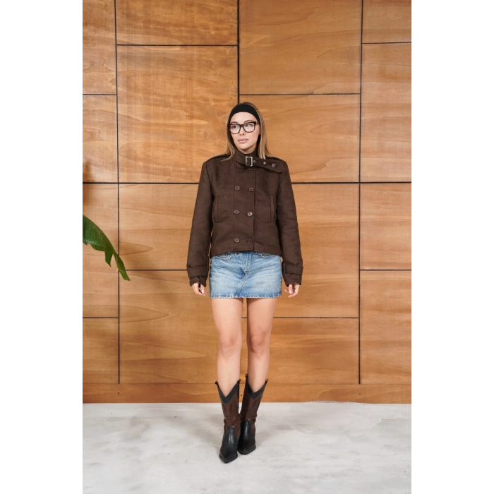 Yaka Kemer Detaylı Nubuk Ceket Kahve