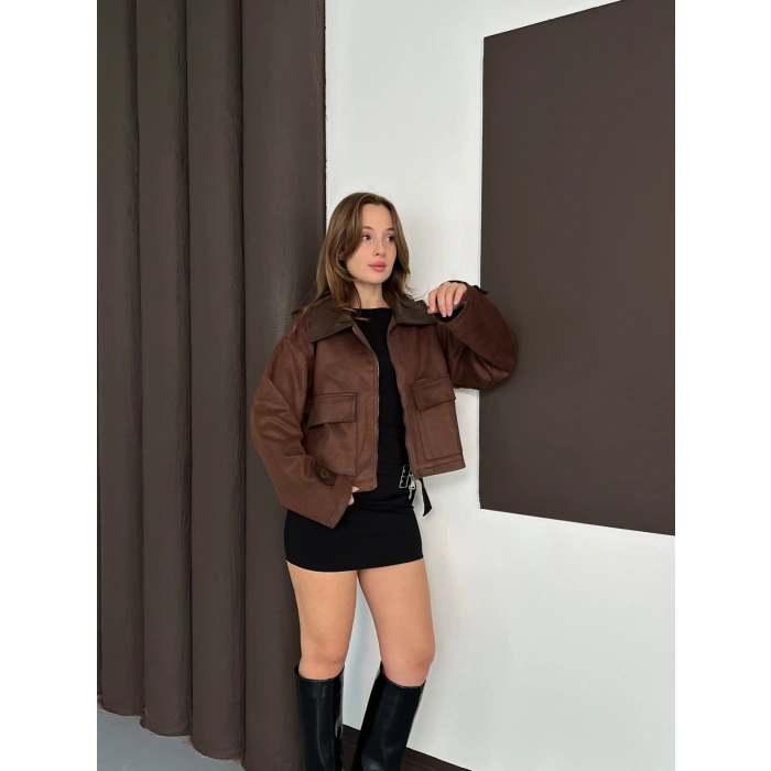 Yaka Kol Detaylı Cepli Nubuk Ceket Acı Kahve