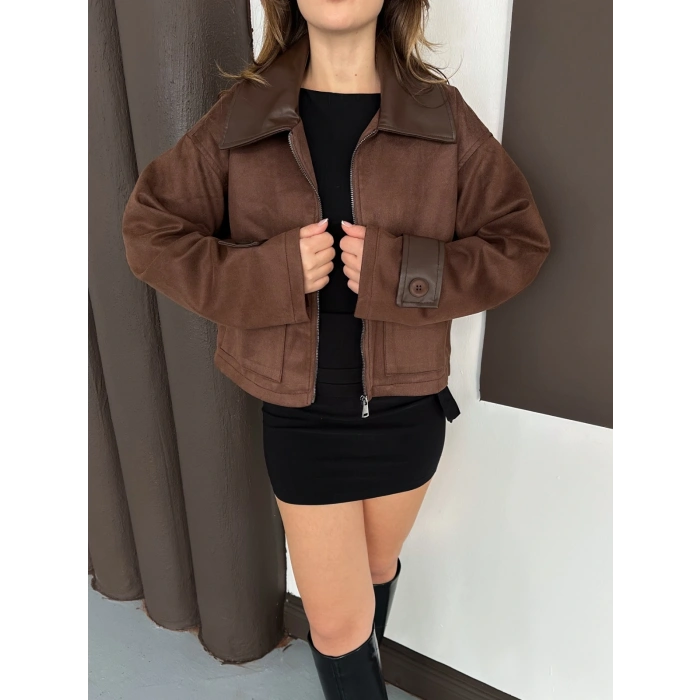 Yaka Kol Detaylı Cepli Nubuk Ceket Acı Kahve
