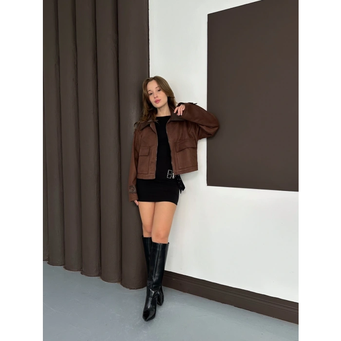 Yaka Kol Detaylı Cepli Nubuk Ceket Acı Kahve