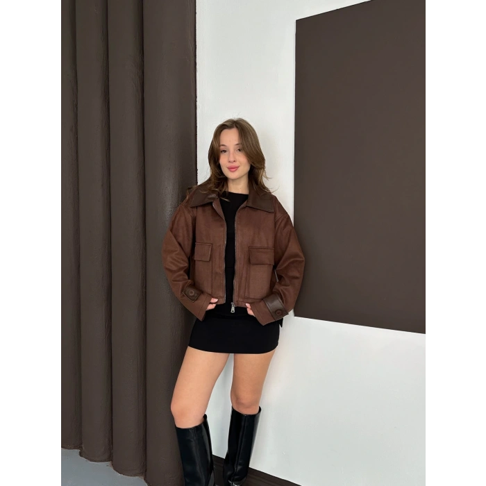 Yaka Kol Detaylı Cepli Nubuk Ceket Acı Kahve