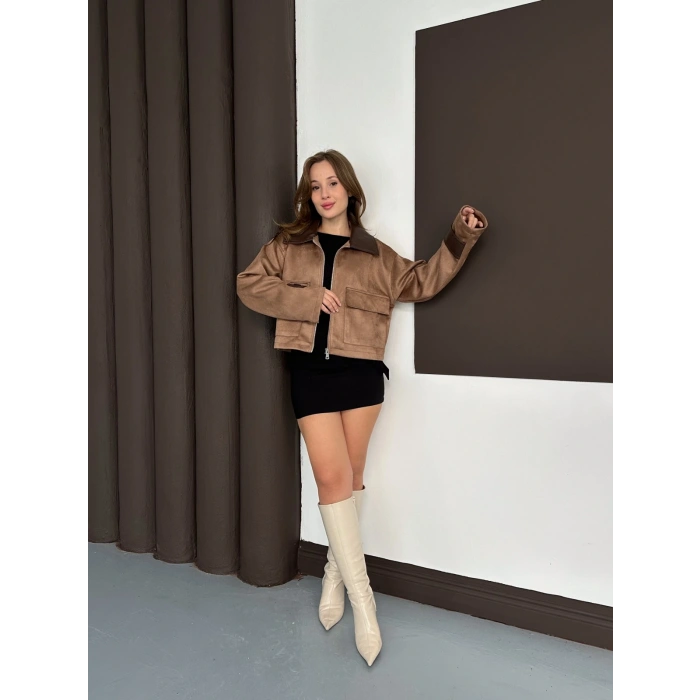 Yaka Kol Detaylı Cepli Nubuk Ceket Camel