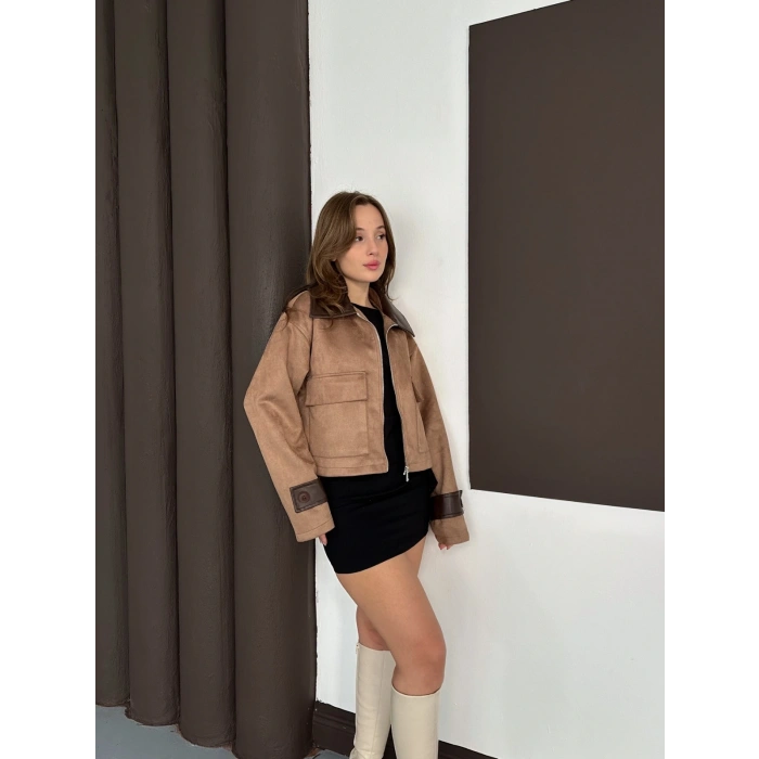 Yaka Kol Detaylı Cepli Nubuk Ceket Camel