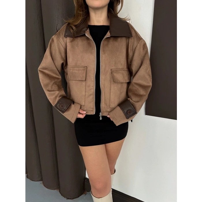 Yaka Kol Detaylı Cepli Nubuk Ceket Camel