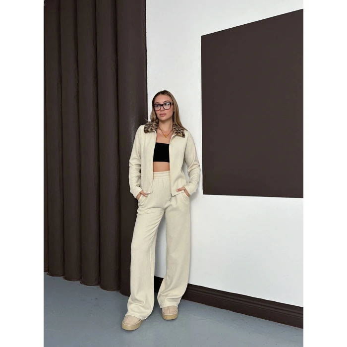 Yaka Leopar Peluş Detay Modal Takım Ekru