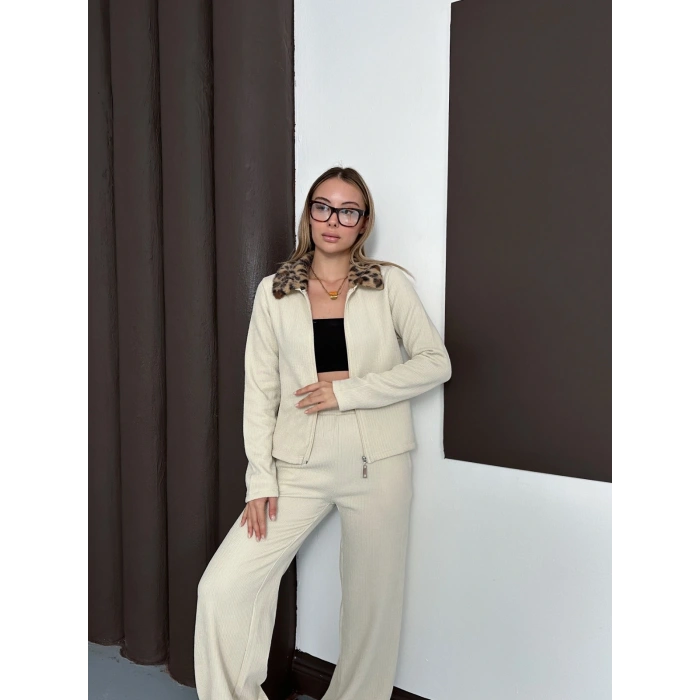 Yaka Leopar Peluş Detay Modal Takım Ekru