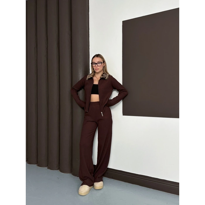 Yaka Leopar Peluş Detay Modal Takım Kahve